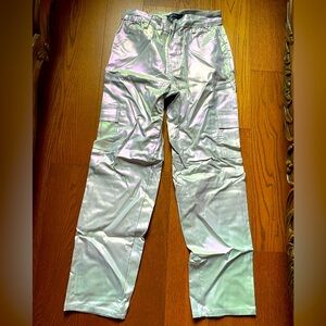 Iridescent holographic straight leg cargo pants